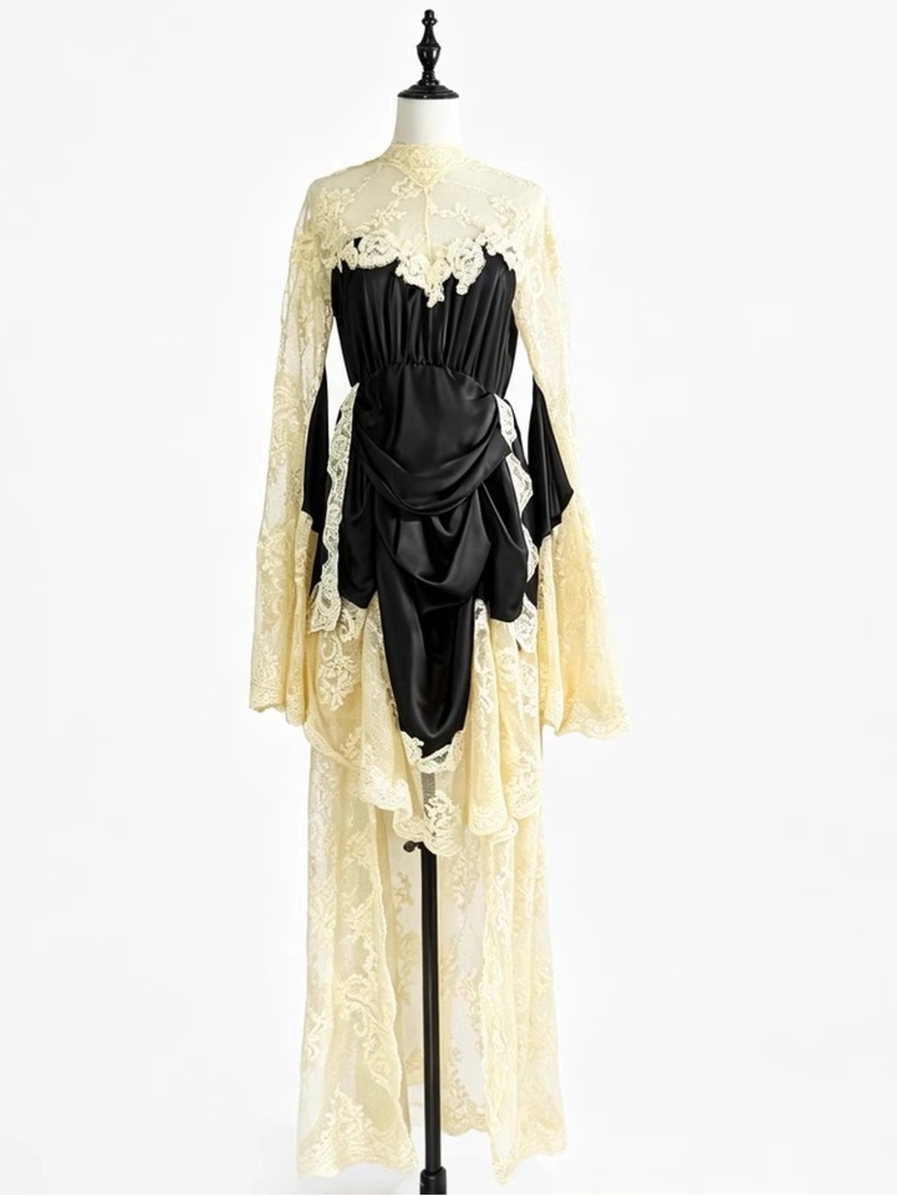 Black Satin & Cream Lace Draped Gown